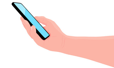 Mobile phone in the hand. Man holds black smartphone. Finger touching screen. Copy space for your text. Illustration, white background
