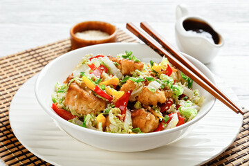 sesame chicken with chinese cabbage, top view