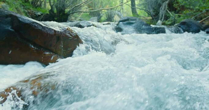 Nature shot. Fresh water slow motion. Rapid water flows between the wet stones in wooden forest with lavish green trees. Water splashes, drops and bubbles puled out of the mountain river, slow motion