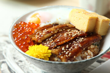 Unadon (Japanese rice bowl topping with grilled japanese freshwater eel with Teriyaki sauce)