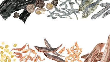 和風出汁の材料フレーム　水彩風手描きイラスト