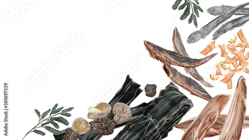 和風出汁の材料フレーム 水彩風手描きイラスト Anchovy Wall Mural Ancho Ko Hamari