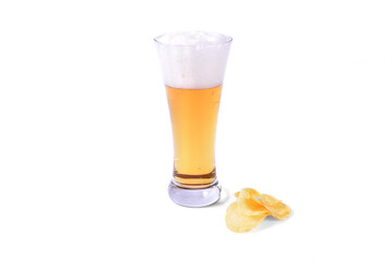 Beer and chips snacks on white background