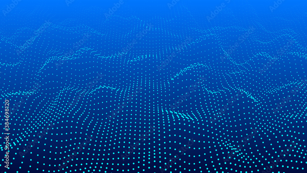Poster abstract gradient dynamic wave of glowing particles. network of neon dots. big data. digital backgro