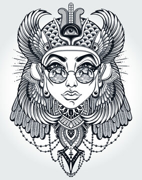 Hand-drawn vintage illustration of the ancient Cleopatra's head. Tattoo art, graphic, t-shirt design, postcard, poster design, coloring books. Vector illustration.