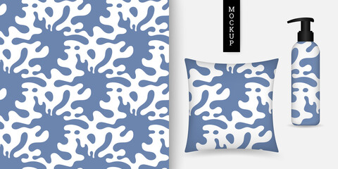 Splash water seamless pattern. Splashing water pattern. Abstract background with inkblots. Vector illustration. Trendy repeating texture. Simple ornament. Modern design textile, paper, cloth. Mockup.