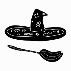 Isolated Witch s accessories hat and broom. vector illustration in cartoon style, isolated on a white background. For Halloween posters, children s books, postcards, costumes