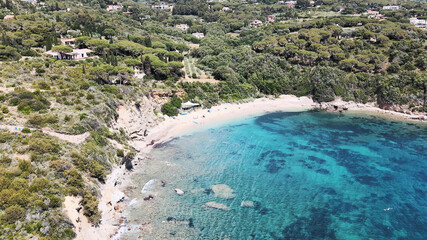 Aerial view of Elba Island. Southern Coastline in summer season. Drone viewpoint. Slow motion.