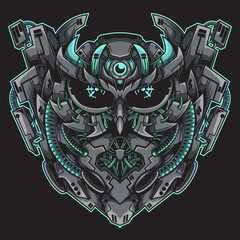 owl head illustration with a mecha theme, perfect for the design of t-shirts, merchandise, stickers, posters, etc.