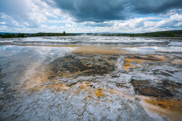 hydrothermal area of great fountain geyser in yellowstone national park, wyoming in the usa