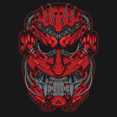 oni head illustration with a mecha theme, perfect for the design of t-shirts, merchandise, stickers, posters, etc.