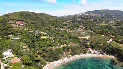 Aerial view of Elba Island. Barabarca Beach and Southern Coastline in summer season. Drone viewpoint.