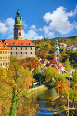 State Castle and Chateau Cesky Krumlov, Czech Republic, Old Town and Autumn In the afternoon with the blue sky and beautiful clouds.