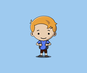 Cute cartoon character boy wearing a school bag is smiling. Isolated on blue background.