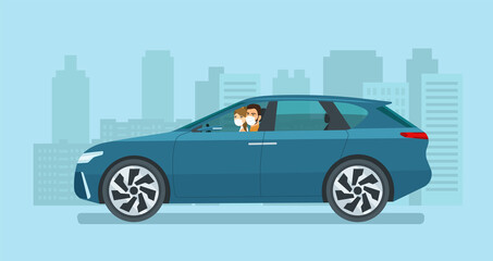 Modern electric CUV car with a young man and woman in a medical mask driving on a background of abstract cityscape. Vector flat style illustration.