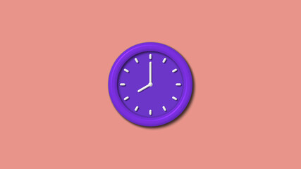 Amazing counting down purple color 3d wall clock isolated on red light background, 12 hours wall clock