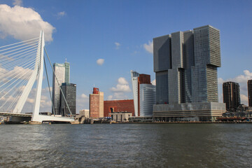 Fototapeta na wymiar Boomtown Rotterdam; Blick zur Uferfront am Kop van Zuid mit Erasmusbrücke