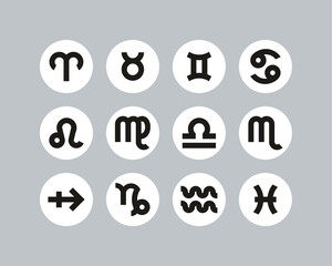 Zodiac Symbols Icons Black & White Flat Design Circle Set Big