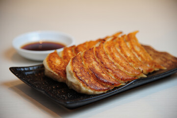 fried gyuza looks so yummy served on white plate