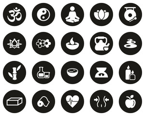 Yoga Exercise & Yoga Lifestyle Icons White On Black Flat Design Circle Set Big