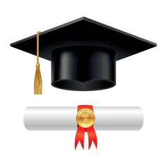 Graduation cap and rolled diploma scroll with stamp. Finish education concept. Academic hat with tassel and university degree certificate. Vector illustration for announcement banner poster or flyer