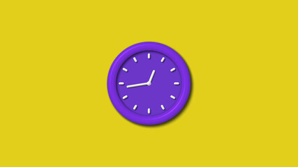 New purple color 3d wall clock isolated on yellow background, Clock isolated