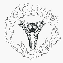 tiger jumping through fire ring, doodle style sketch vector illustration, print or tattoo design