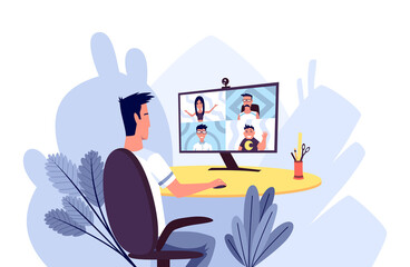 Online meeting. Online communication vector concept. Man in home office. Remote online work. Stay at home vector illustration