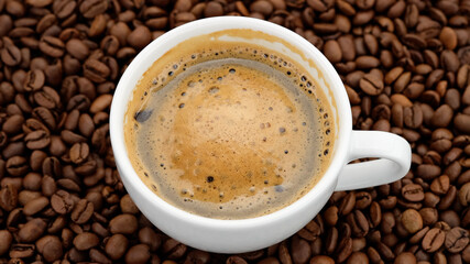 cup of black coffee with froth on coffee beans top view