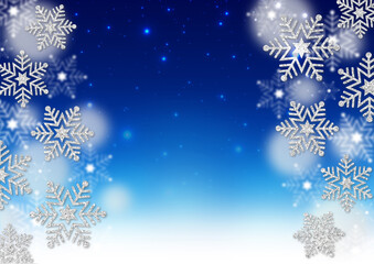 銀色のラメの雪の結晶　青く光るドット　青のグラデーション背景　ふわふわの白のドット　冬のフレーム素材