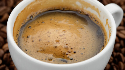 cup of black coffee with froth on coffee beans top view