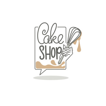 cake shop logo, with lettering conposition and hand image