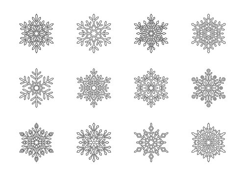 Christmas snowflakes collection isolated on white background. Cute hand drawn snow icons with intricate cut out silhouette. Nice line doodle decorative element for New year banner, cards or ornament