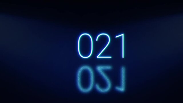 2021 Happy New Year bright glowing neon blinking numerals. Blue signboard with shadow.