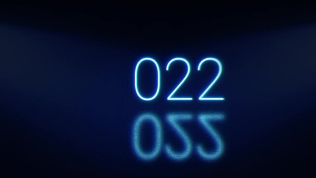 2022 Happy New Year bright glowing neon blinking numerals. Blue signboard with shadow.