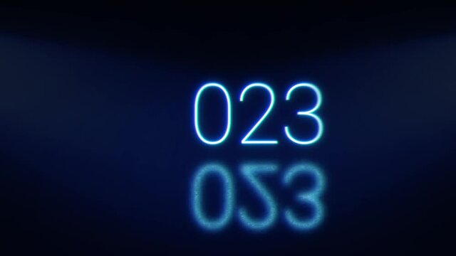 2023 Happy New Year bright glowing neon blinking numerals. Blue signboard with shadow.