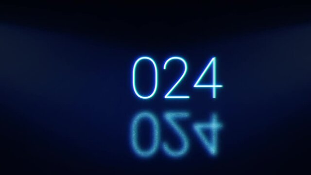 2024 Happy New Year bright glowing neon blinking numerals. Blue signboard with shadow.