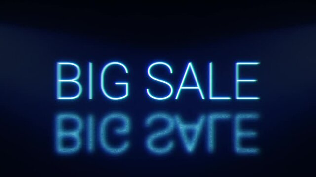 Big sale bright glowing neon blinking signboard. Blue letters with shadow.