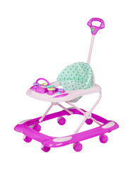 Pink baby walker. Stroller. Kid helper for walking on white background.