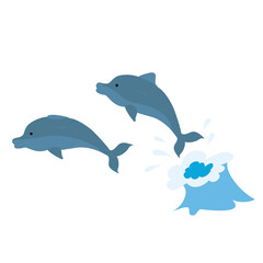 blue dolphins jumped out of the water, cartoon illustration, isolated object on white background, vector,