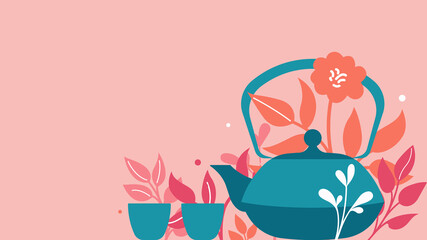Green tea. Tea ceremony among plants: Chinese Oriental teapot, cups and green leaves. Vector illustration in a modern style.