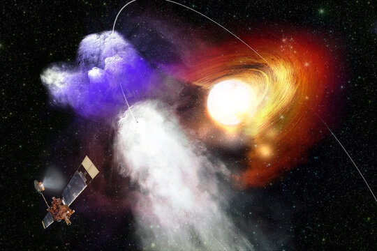 Spaceship explores a distant universe. Collage. Elements of this image furnished by NASA.