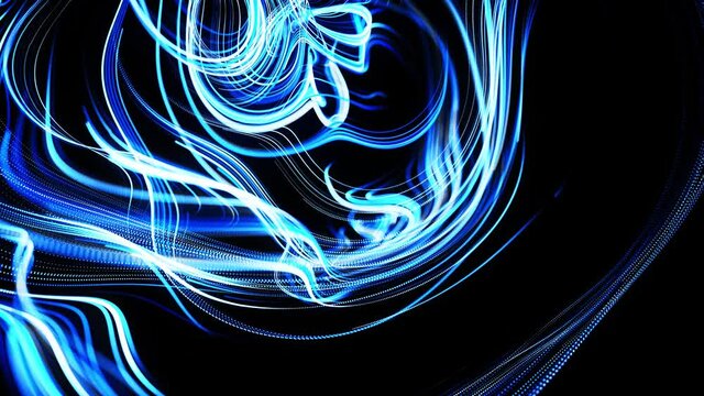 Fast lines of light streaks. Stream of particles forms curled blue lines like glow light trails, lines form swirling pattern like curle noise. Abstract 3d animation as bright creative festive bg