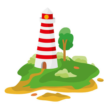red and white lighthouse that stands on the island, cartoon illustration, isolated object on white background, vector,