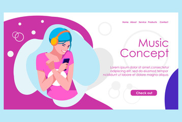 Listen music landing page template. Joyful girl listening music with headphones. Multimedia service of online music, audio playlist application, new music fast download flat vector illustration