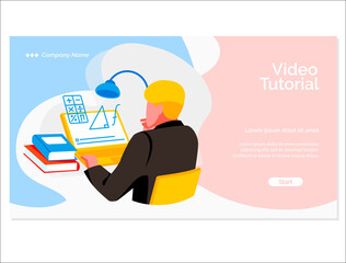 Education online banner template. Student sitting in front of computer screen studying online. E-learning, educational web seminar, internet class. Online education concept flat vector illustration
