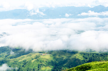 Panoramic views of the misty white mountains