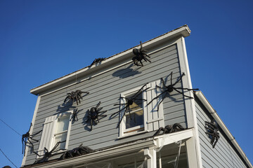 Fototapeta na wymiar Halloween spider decorations on a residential house.