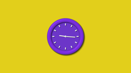 Amazing purple color 3d wall clock isolated on yellow background, 12 hours wall clock