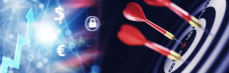 Darts. The dart for playing in the game board is stuck. Hit sector in darts. The concept of a successful strategy.